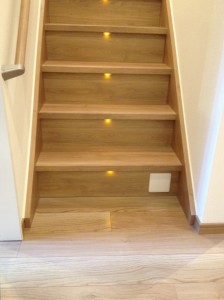 階段の段板の直下にLED照明がついていて、それぞれの踏み面を照らしています。